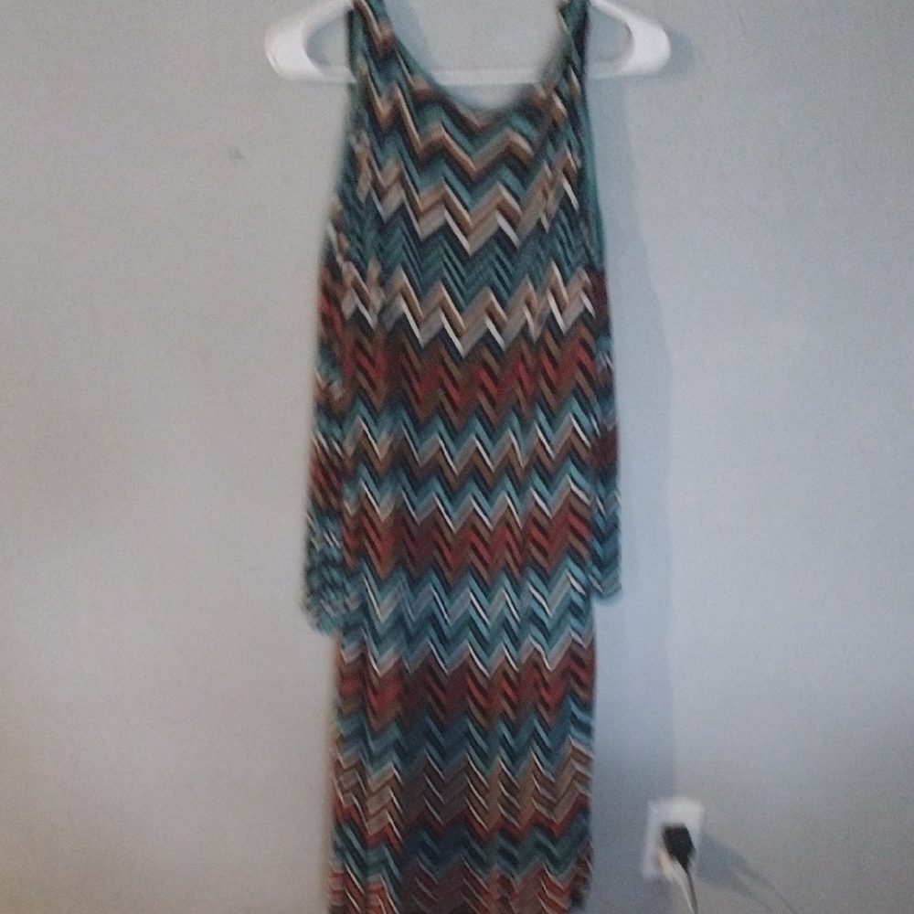 Cato Plus Teal Brown Chevron Zigzag Cold Shoulder Midi Dress Size 22W - Picture 3 of 5